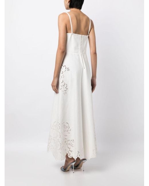 Elie Saab White Drill Floral-embroidered Midi Dress