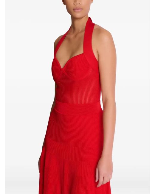 Balmain Red Halterneck Pleated Knit Midi Dress