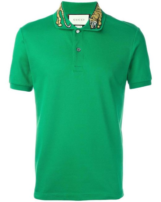 Gucci Green Tiger Embroidered Polo Shirt for men