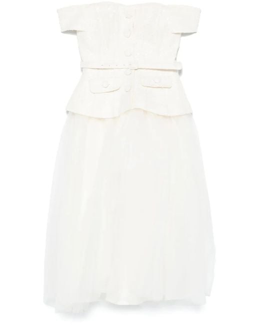 Self-Portrait White Bouclé Tulle Midi Dress