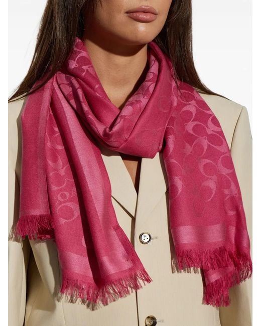 COACH Red Monogram Frayed Scarf