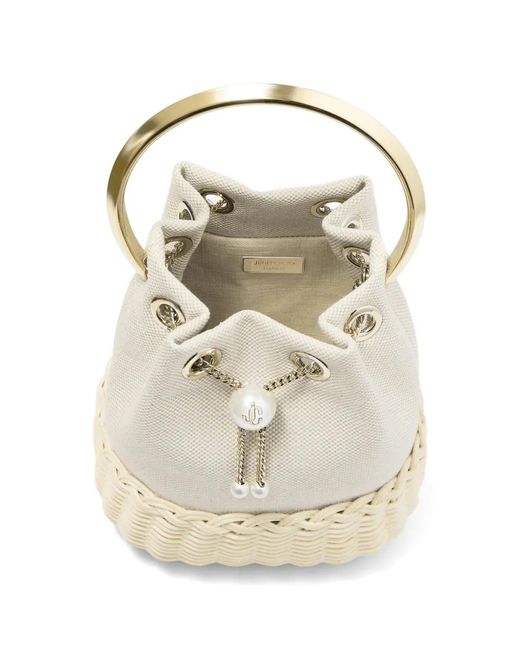 Jimmy Choo White Bon Bon Canvas And Wicker Detail Bucket Bag