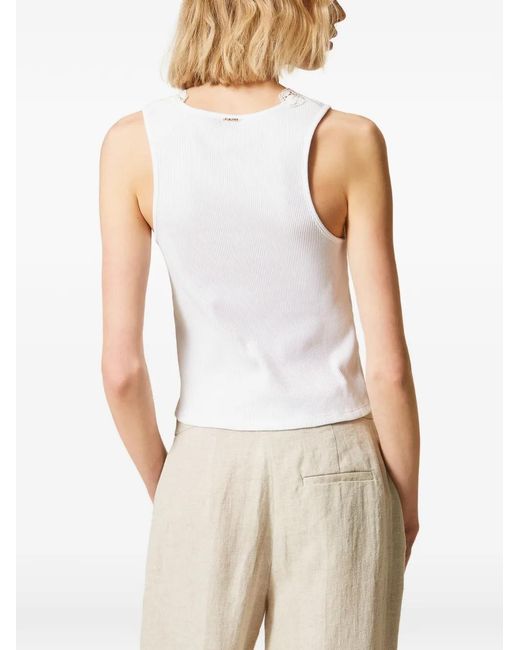 Twinset White Ribbed Top With Lace