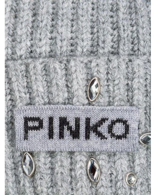 Pinko Gray Crystal-Embellished Beanie Hat