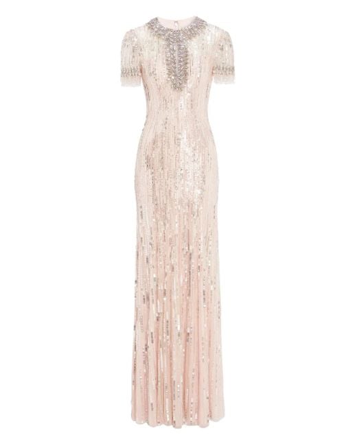Jenny Packham Natural Nova Sequin-Embellished Keyhole-Neck Maxi Dress