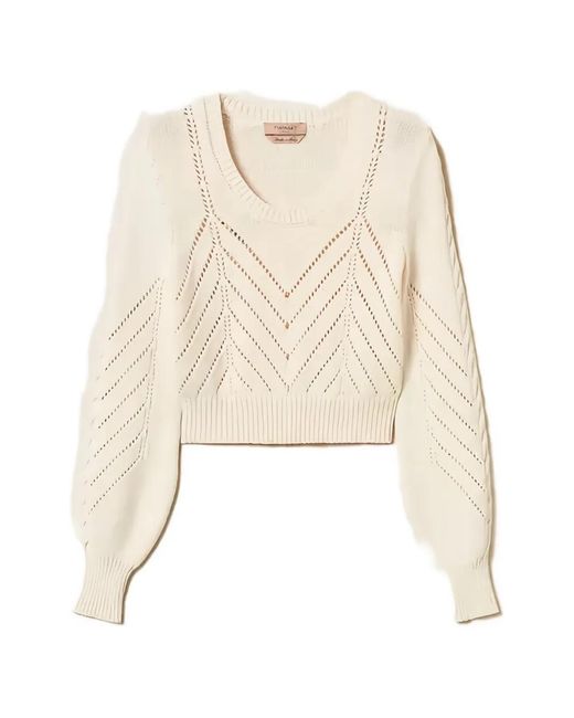 Twinset Natural Cropped Wool-Blend Jumper With Chevron Design