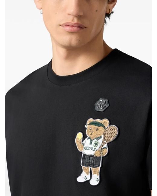 Philipp Plein Black Round Neck T-Shirt Teddy Tennis Patch for men