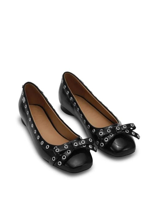 Ganni Black Ballet Flats With Eyelets And Bow