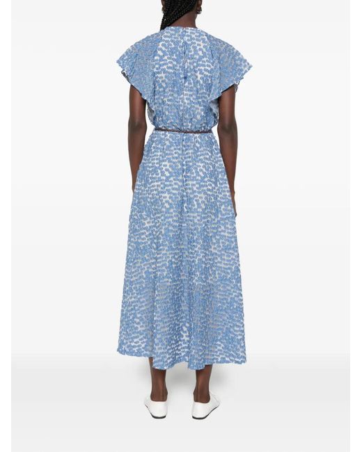 ODEEH Blue Braided-Belt Flutter-Sleeve Dress