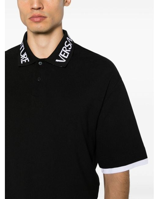 Polo en coton à logo intarsia Versace pour homme en coloris Black