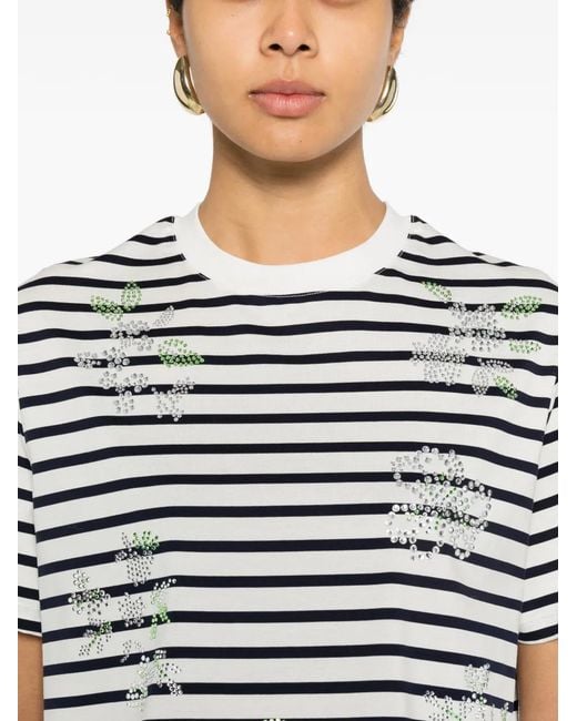 Maje Blue Striped Rhinestone Flower T-Shirt