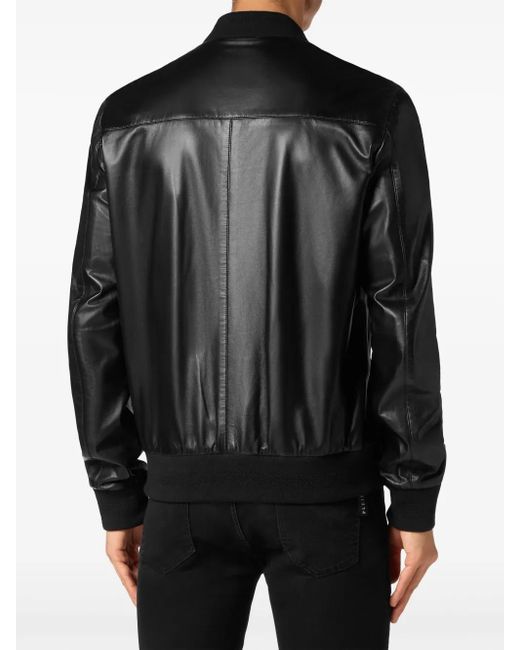 Philipp Plein Black Leather Bomber Jacket for men