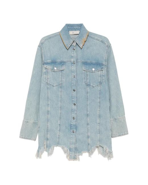 Blumarine Blue Logo-Embroidered Frayed-Hem Shirt