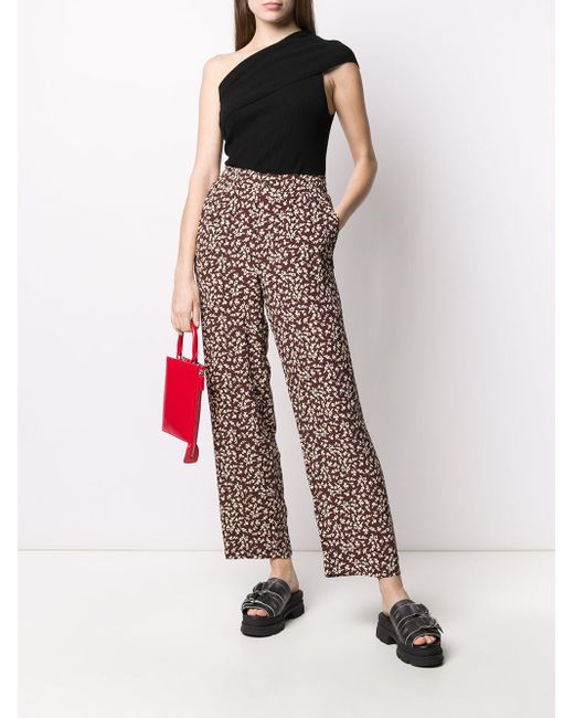 Ganni Cropped Floral Print Trousers In Brown Lyst