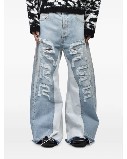 RRR123 Blue Distressed Patchwork Jeans for men