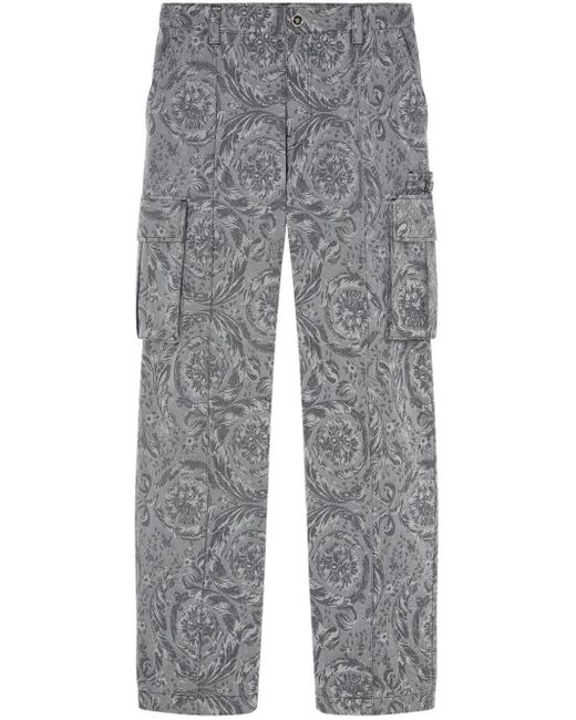 Versace Gray Barocco-print Straight-leg Trousers for men