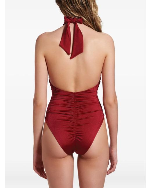 Noire Swimwear Badpak Met Halternek En Ruches in het Red