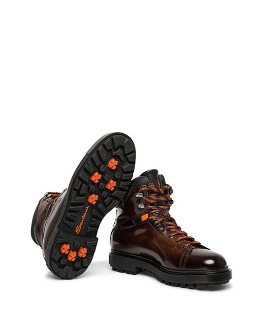 Santoni Brown Panelled Leather Hiking Boots for men