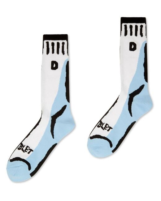 Doublet White Two Dimensional Pattern-intarsia Socks for men
