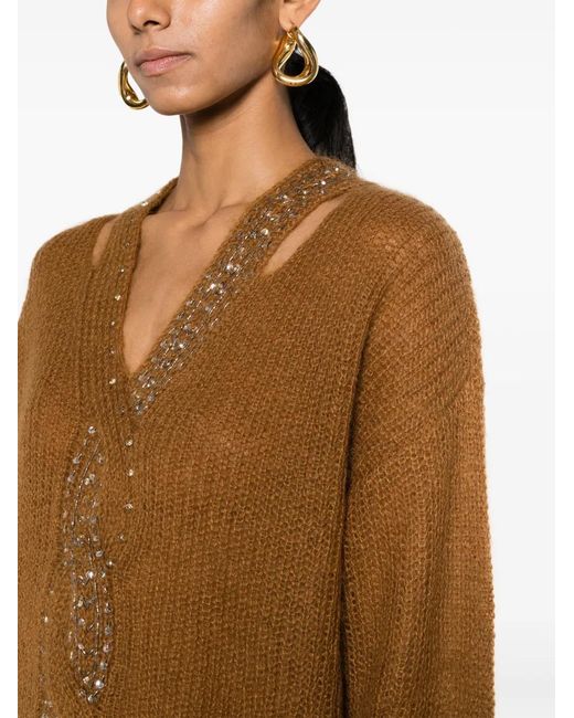Twinset Brown Rhinestone-Embellished Cut-Out Jumper