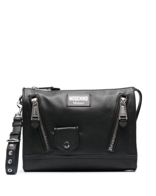Moschino Black Logo-appliqué Leather Clutch Bag for men