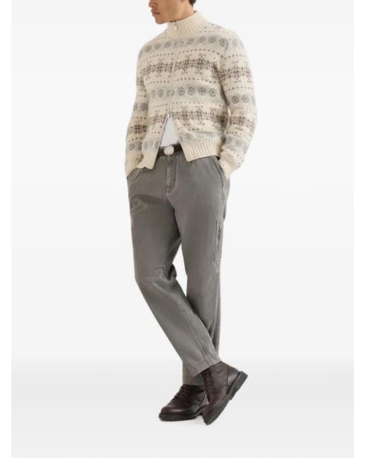 Brunello Cucinelli Gray Cotton Chevron Trousers With Zipped Pocket for men