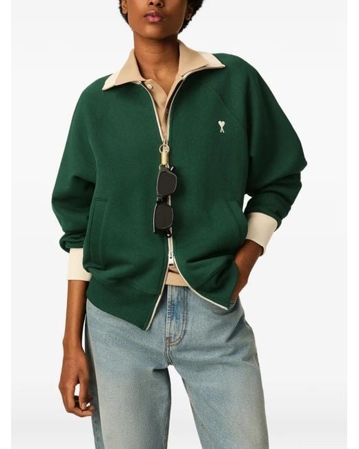 AMI Green Zipped Cotton Sweatshirt With Ami De Coeur