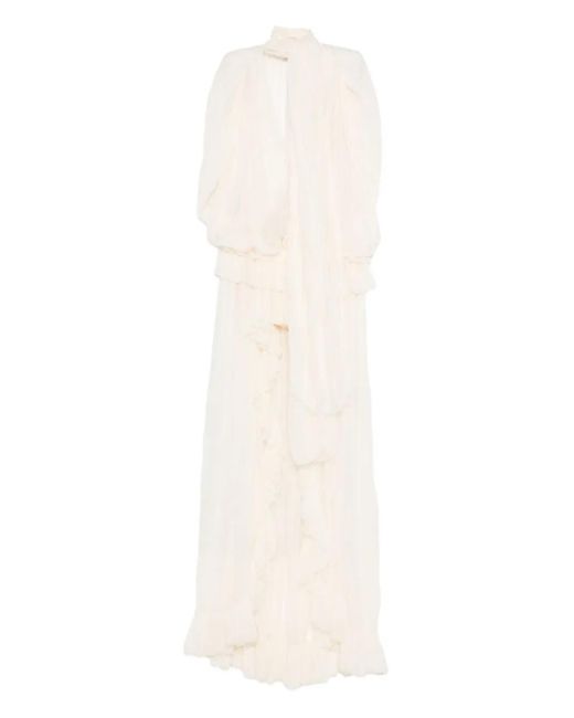 Blumarine White Pleated Ruffled Asymmetric Day Dress