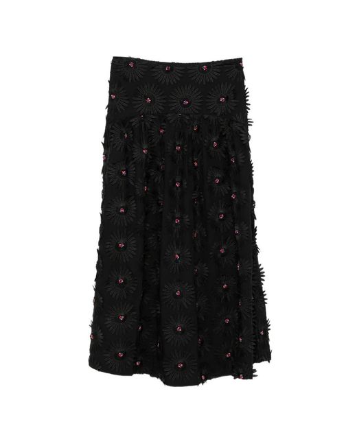 Farm Rio Black Floral-Appliqué Midi Skirt
