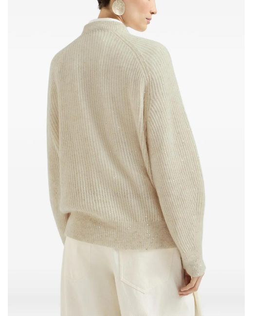 Brunello Cucinelli White Mohair, Cotton And Wool Diamond Yarn English Rib Sweater