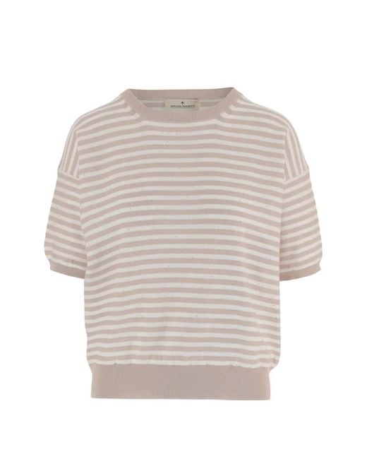 Bruno Manetti White Striped-Pattern Crew-Neck Sweater