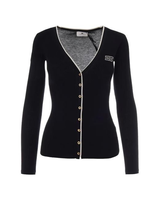 Elisabetta Franchi Black Logo-Embroidered Ribbed Cardigan