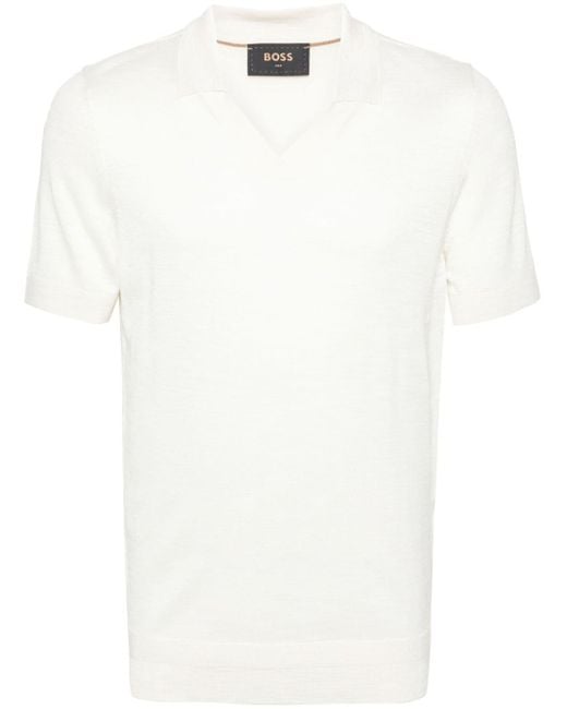 Boss White Knitted Silk Polo Shirt for men