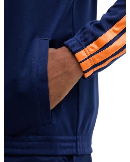 Adidas Blue Stadium Contrast-Piping Logo-Print Zip-Up Tracksuit for men