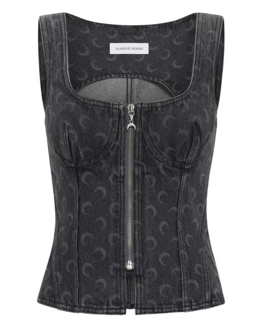 MARINE SERRE Black Moon Denim Bustier Top