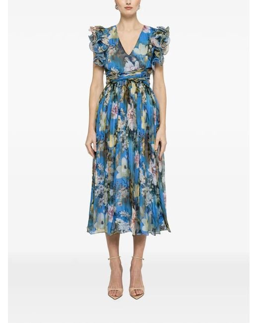Nissa Blue Ruffled Floral Print Midi Dress