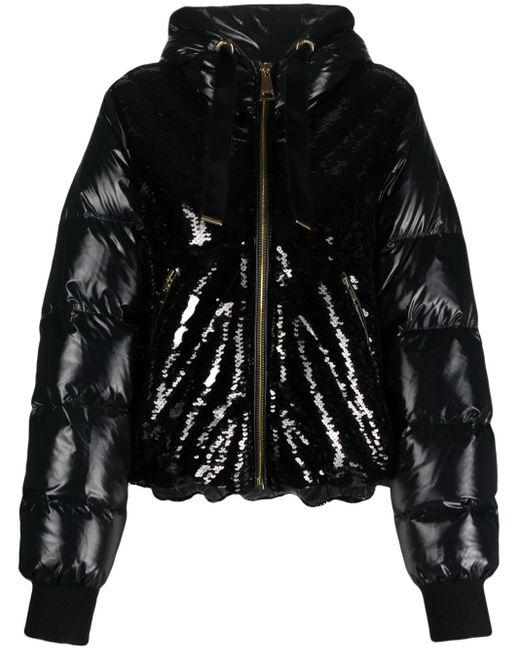 Khrisjoy Black Puff Glossy Sequins Hooded Jacket