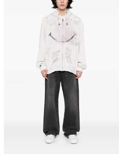 Maison Mihara Yasuhiro White Bleached Smily-Face-Print Zip-Up Hoodie for men
