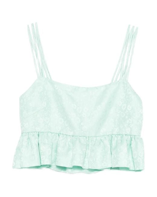 Sandro Blue Floral-Pattern Ruffled Top