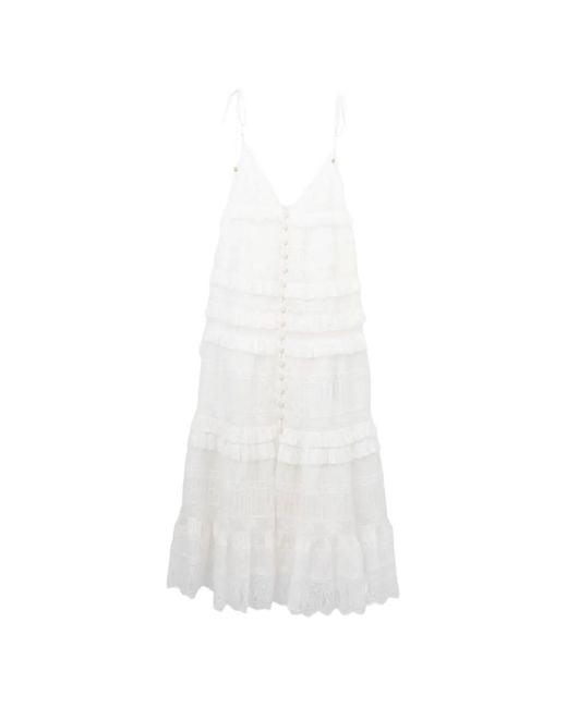 Zimmermann White Robe Volantée À Bords En Dentelle
