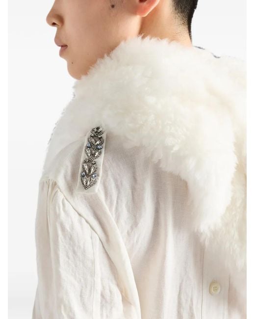 Prada White Embroidered Slubbed Fabric Midi Dress