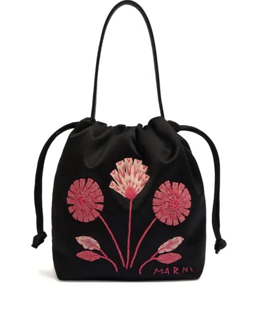 Marni Black Small Floral-Embroidered Bucket Bag