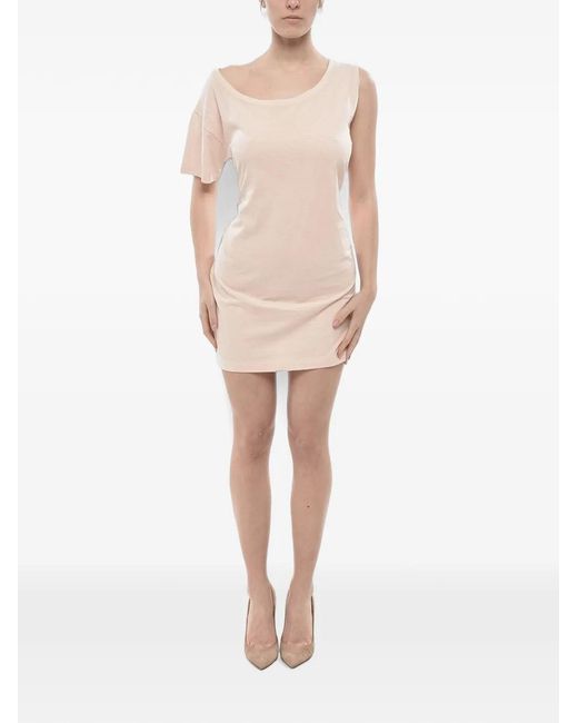 DSquared² Natural One-Shoulder Tie-Belt Mini Dress