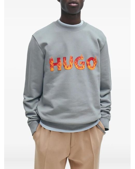 HUGO Gray Flame-Logo Cotton Sweater for men