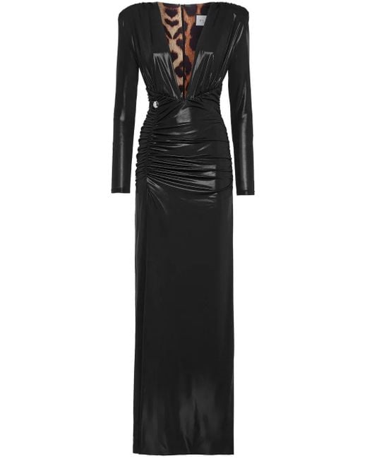 Philipp Plein Black Ruched Lamé-Effect Maxi Dress