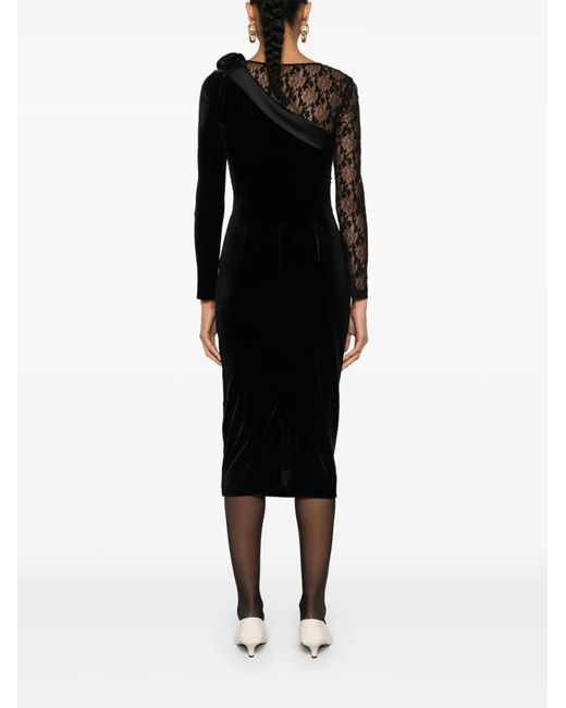 Nissa Black Lace-Insert Velvet Midi Dress