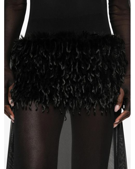 Atu Body Couture Black Feather-Panel Scarf-Detail Gown