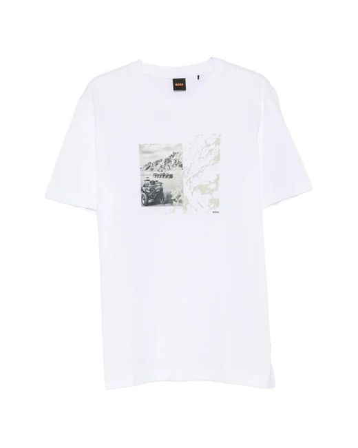 Boss White Graphic-Print T-Shirt for men