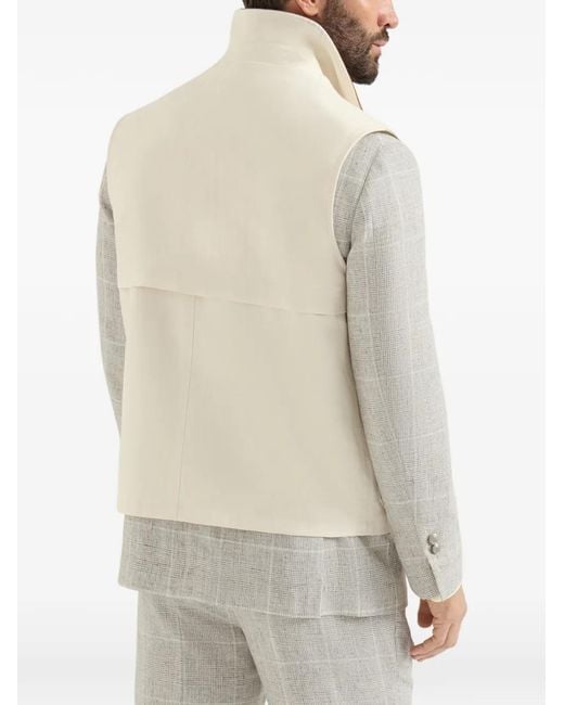 Brunello Cucinelli White Cotton And Linen Canvas Vest With Suede Inserts And Hook Fastening for men