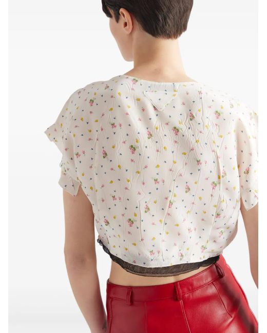 Prada White Kurzärmliges Crop-Top Aus Pongé Mit Blumen-Print
